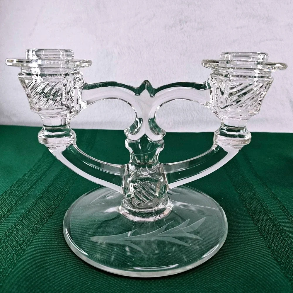 Pair Vintage Etched Glass Taper Candle Holders Double Arm Candelabra Crystal‎